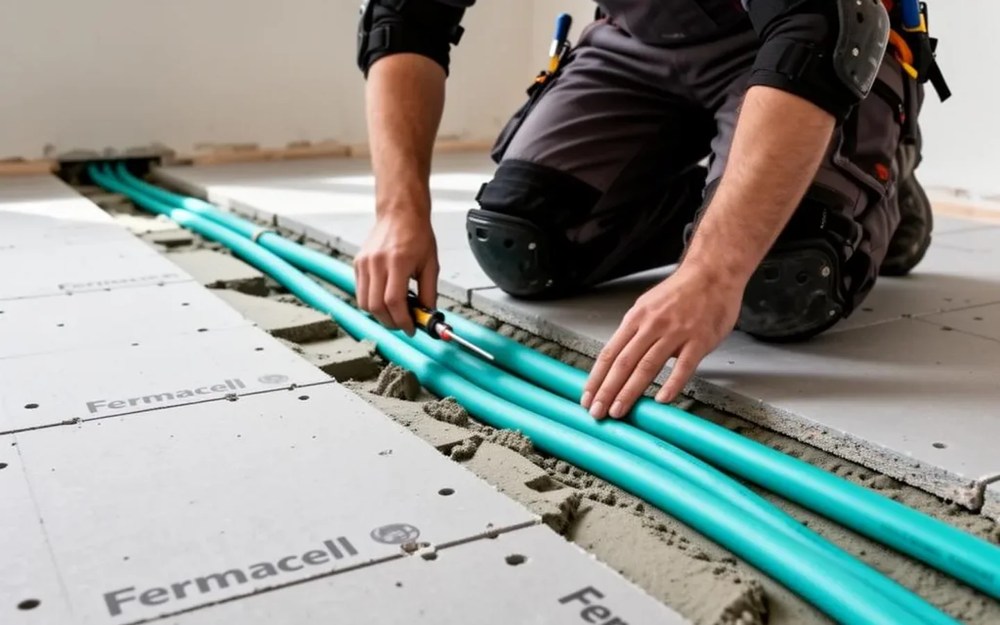 Monteur legt vloerverwarmingsleidingen in gefreesde Fermacell-platen op een bestaande vloer