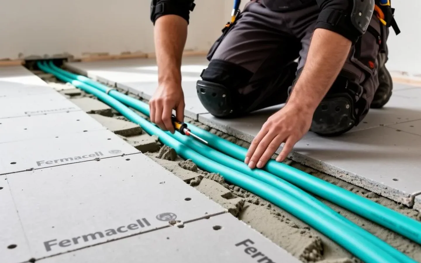 Nieuw gelegde Fermacell droogbouw vloerverwarming klaar voor de eerste keer opstoken